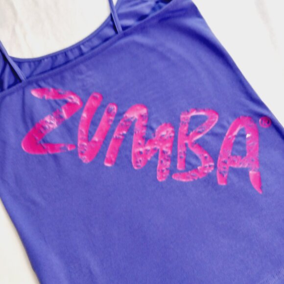 Zumba, NWT, Spaghetti Tank, Amethyst Color, Splatter Paint Print on Back, Size L - Picture 2 of 15